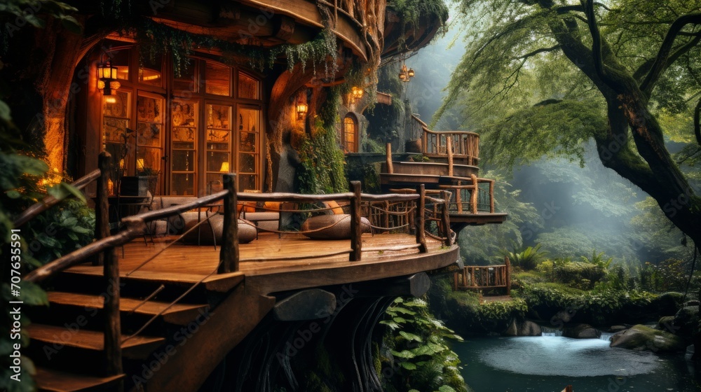 Aufkleber Rustic Treehouse Retreat Generative AI