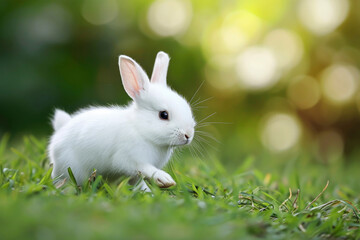 Obraz premium a rabbit running in a field of green grass. generative ai