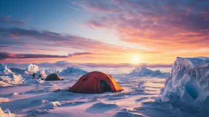Setting sun over Antarctic snowfields Generative AI