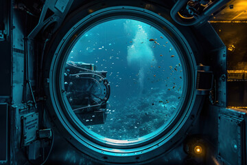 Underwater sea view from the porthole window