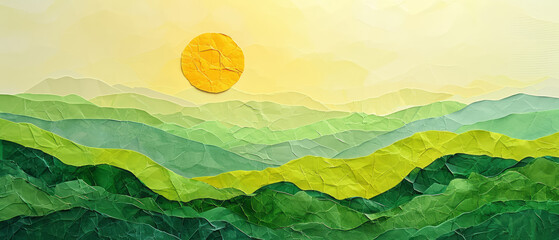 A landscape of rolling hills and a sun, layers of torn paper in different shades of green and yellow