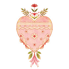 Heart decorated with flower pattern . Valentine's day concept . Realistic watercolor painting design . PNG .