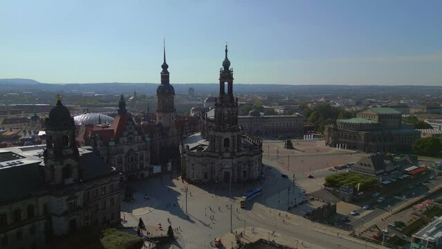 Cityscape Dresden Zwinger, Church, Opera at Elbe. Gorgeous aerial top view flight wide orbit overview drone
4k high quality footage