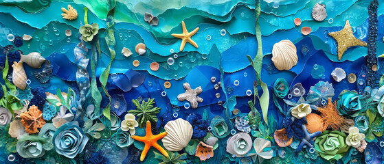 Obraz na płótnie Canvas A vivid ocean scene composed of various blue and green fabric pieces, with paper fish and seashells, underwater adventure