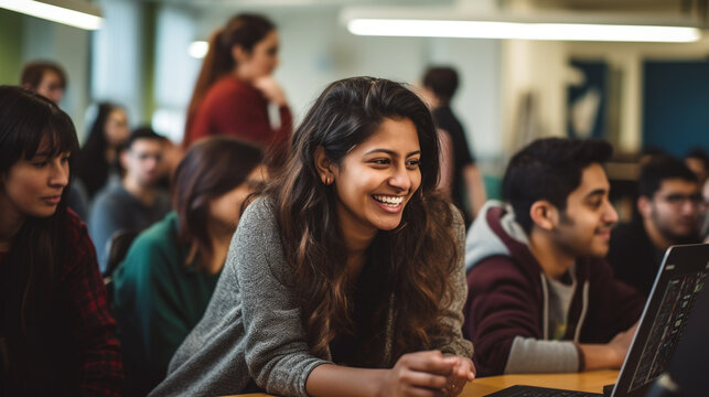 A College Classroom Where A Computer Science Lecturer Imparts Knowledge To A Diverse Group Of Students A Female Student