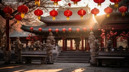 Obraz premium A tranquil Chinese New Year temple adorned with red lanterns