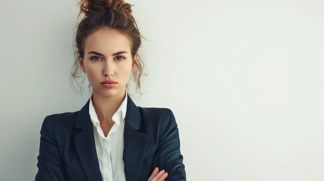 A confident and authoritative professional woman wearing a power suit stands out against a white background