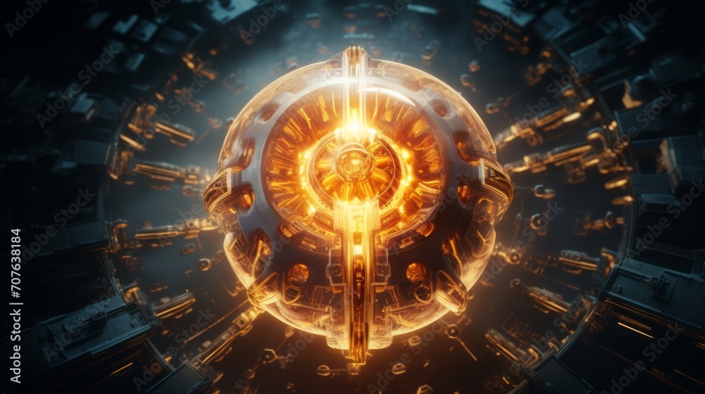 Poster Top-view perspective of an AI brain as a pulsating orb of light, symbolizing its cognitive and learning capacities. Generative AI