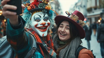 A woman laughing and taking a selfie with a strange street entertainer is a cute moment