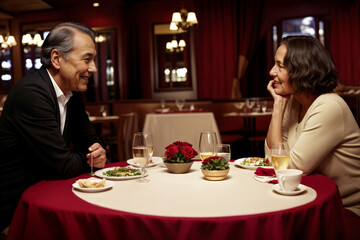 Elderly couple across from each other at restaurant table, happy chatting together, date meeting