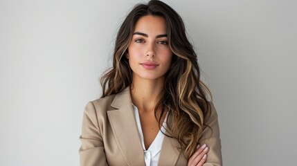 Against a white background, a portrait of a contemporary businesswoman with a strategic attitude, prepared to overcome obstacles - obrazy, fototapety, plakaty