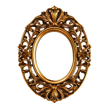 Antique round oval gold picture mirror frame isolated on transparent or white background