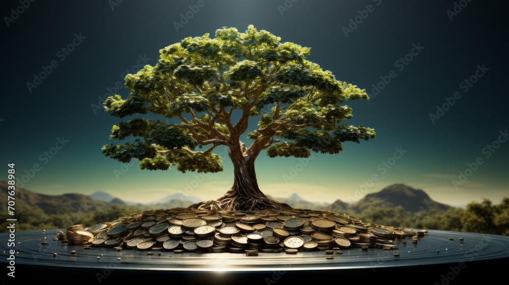 Poster Ultra-realistic visual representation featuring a tree on a white backdrop as a symbol of the strength of capital growth beside a coin. Detailed and lifelike depiction showcasing the synergy between f