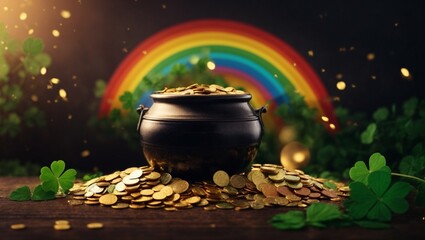 Banner of Pot of gold coins, clover leaves and rainbow. St. Patrick's Day concept. Generative AI
