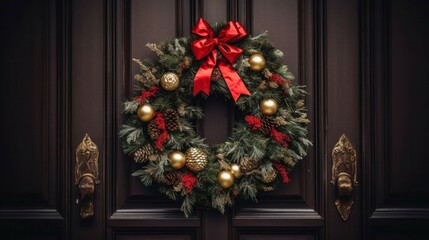 Fototapeta na wymiar a wreath on a door with a red bow