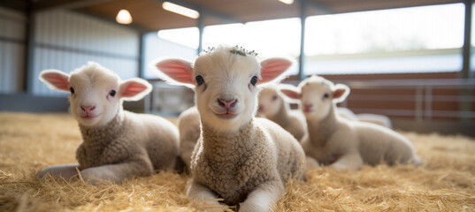 Cute little lambs lie quietly in straw in a stable and look at the camera, full body. Little lambs look out of the flock of sheep in the stable. Animals and wildlife, nature. - obrazy, fototapety, plakaty