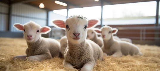 Foto op Plexiglas Cute little lambs lie quietly in straw in a stable and look at the camera, full body. Little lambs look out of the flock of sheep in the stable. Animals and wildlife, nature. © pijav4uk