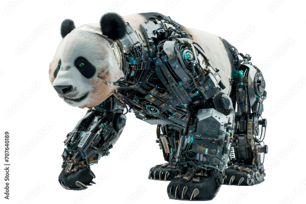 Poster Conceptual image of a cybernetically enhanced panda with robotic limbs and technological upgrades, displayed against a solid white backdrop Generative AI