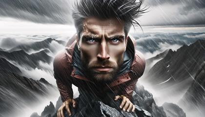 Hombre determinado de mirada profunda en primer plano enfrentando la tormenta en su escalada a la cima en una lucha contra la lluvia que simboliza la resistencia y el espíritu indomable.