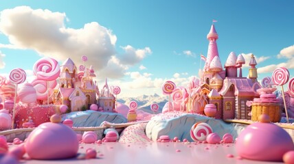 Fantasy candy land with colorful sweet castles, lollipops, and candies under a blue sky with fluffy...