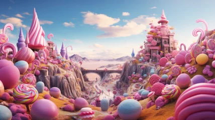 Tuinposter Fantasy candy land with colorful sweet castles, lollipops, and candies under a blue sky with fluffy clouds. © Virtual Art Studio