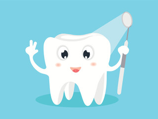 Dentistry icons set. Cute tooth, children's dental care. Mirror, irrigator, oral hygiene. Vector illustration of dental instruments.