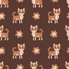 Chihuahua Dog Seamless pattern with flower. Cute doggy background with happy purebred puppy and daisy blossom. Broun color repeat vector illustration for breeder, pets, kids, fabric, textile, wallpape