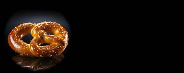 Freshly baked pretzel isolated on a black background with copy space. Generative AI. - obrazy, fototapety, plakaty