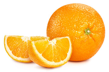 Fresh organic orange with leaves isolated on white background