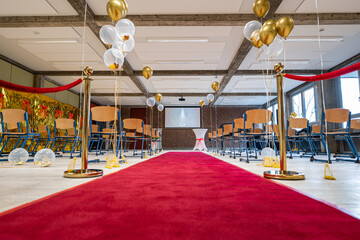 German Abitur Graduation party room decoration and Award sculptures red carpet preparations for...