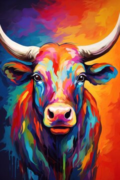Colorful bull pop art style isolated on white background. Brightly coloured animals Bull print or canvas or download