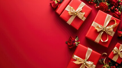 Red gift boxes with golden bows and roses on a red background, Valentine's day