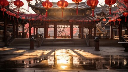 A tranquil Chinese New Year temple adorned with red lanterns
