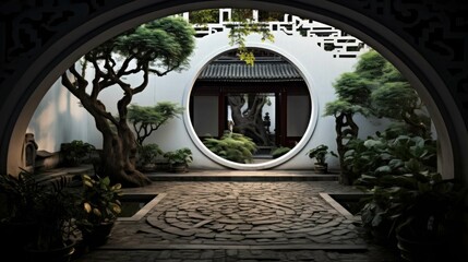 A tranquil courtyard with a traditional Chinese moon gate