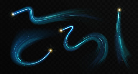 Set of Magic blue glowing shiny trails isolated on black transparent background. Vector illustration