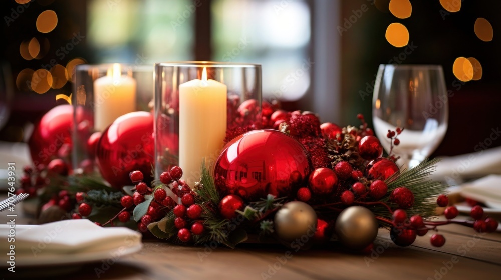 Wall mural dining table cristmas adorned with candles, holly, and glittering ornaments