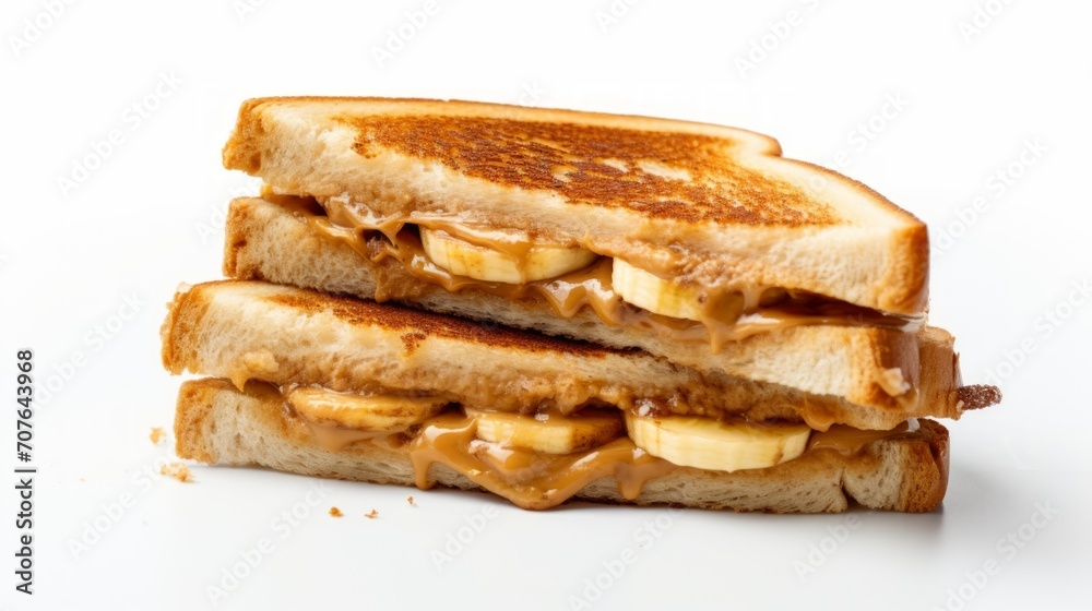 Poster a classic grilled peanut butter and banana sandwich captured in a close-up realistic photo against a