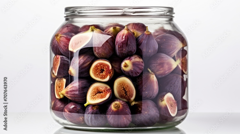 Aufkleber a close-up realistic photo of a glass jar packed with ripe figs against a white background generativ