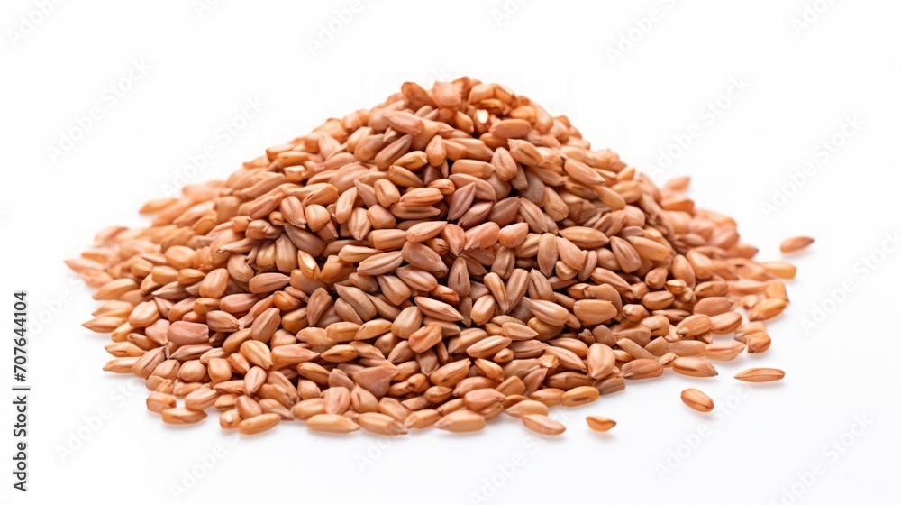 Poster a small pile of farro grains showcased in a close-up realistic photo against a white background gene