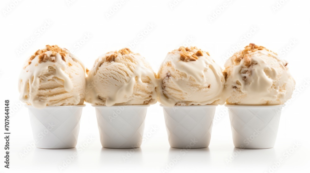Poster A four of butter pecan ice cream scoops captured in a close-up realistic photo against a white background Generative AI