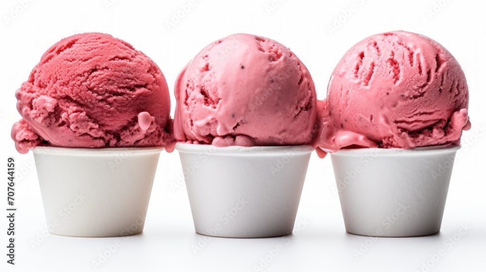 Poster a trio of strawberry ice cream scoops captured in a close-up realistic photo against a white backgro