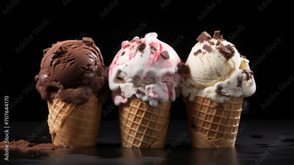 Poster a trio of rocky road ice cream scoops captured in a close-up realistic photo against a white backgro