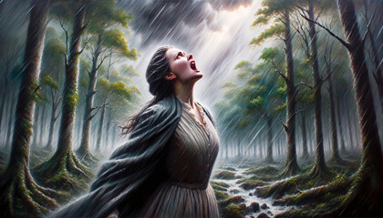 Una mujer gritando en bosque lluvioso - Cuadro al óleo de grito de libertad en la naturaleza - obrazy, fototapety, plakaty