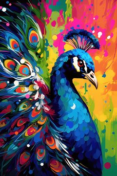 Animal head, portrait, art - Colorful abstract oil acrylic painting of colorful peacock, pallet knife on canvas. Print on canvas or download