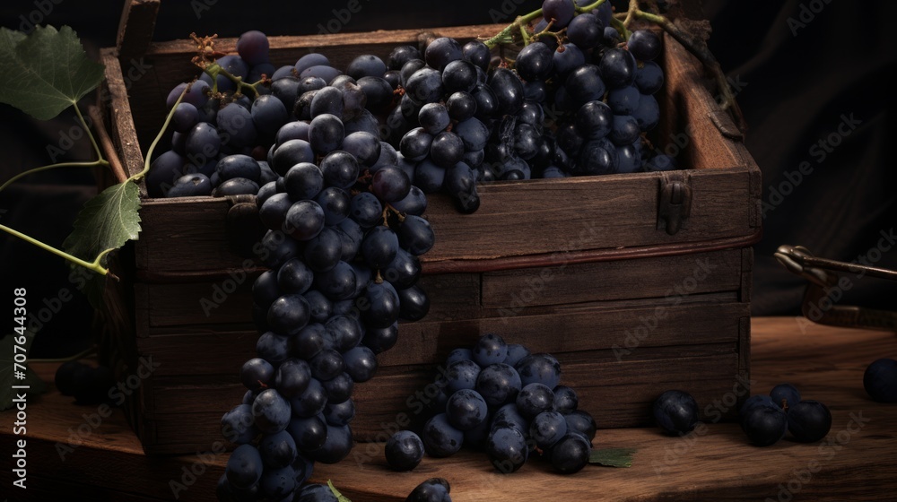 Poster close-up realistic photo featuring a box filled with plump black grapes generative ai