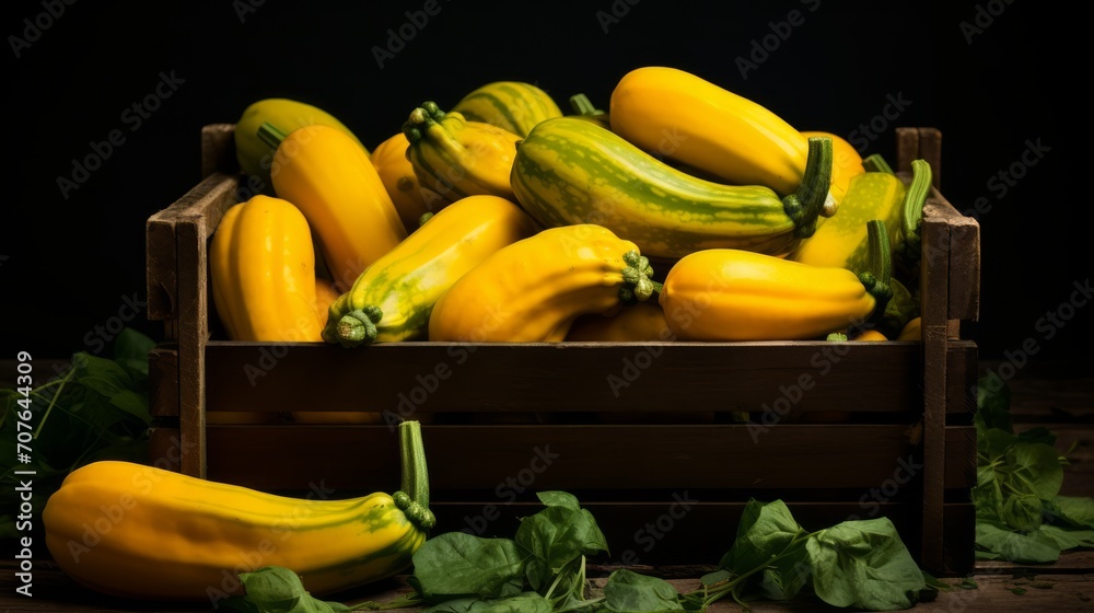 Poster Close-up realistic photo featuring a box filled with yellow summer squash Generative AI