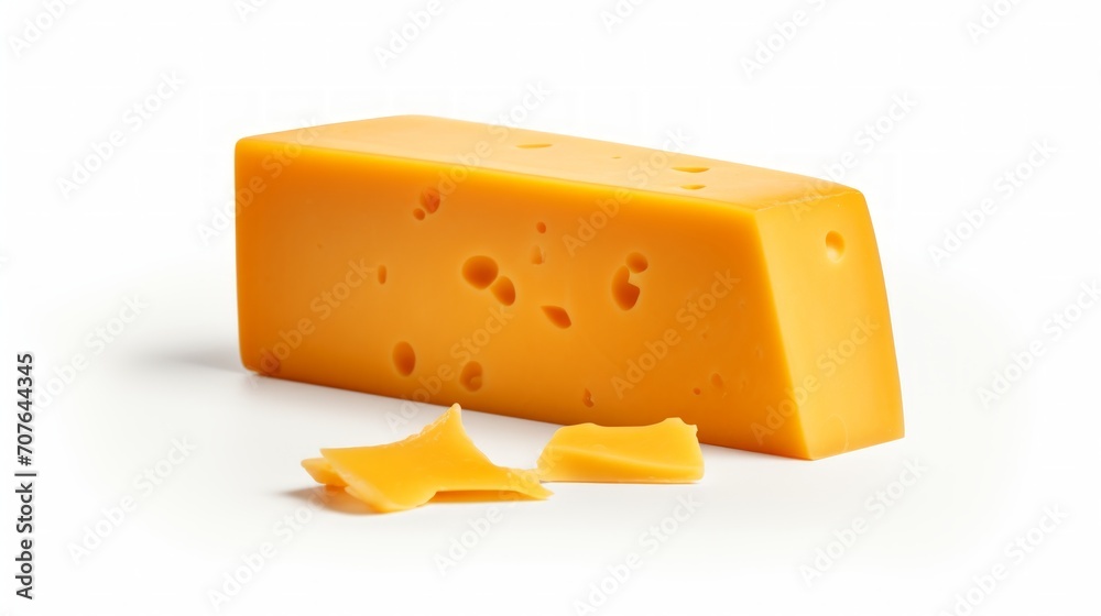 Poster Close-up realistic photo featuring a sharp cheddar cheese piece against a white background Generative AI