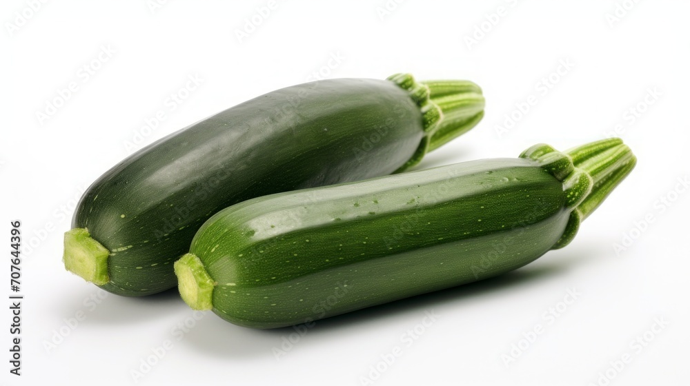 Poster close-up realistic photo featuring three fresh, green zucchinis on a white background generative ai
