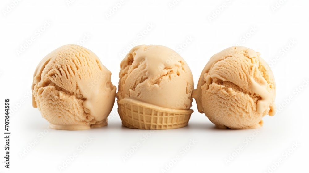Poster Close-up realistic photo featuring three scoops of creamy peanut butter ice cream on a white background Generative AI