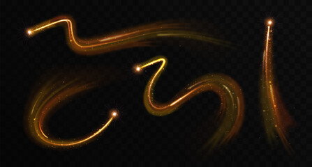 Set of Magic golden glowing shiny trails isolated on black transparent background. Vector illustration